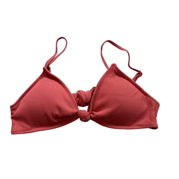 NWT, Aerie Coral Ribbed Padded Knot Front Tie Back Padded Bikini Top, Sz L - Picture 1 of 12